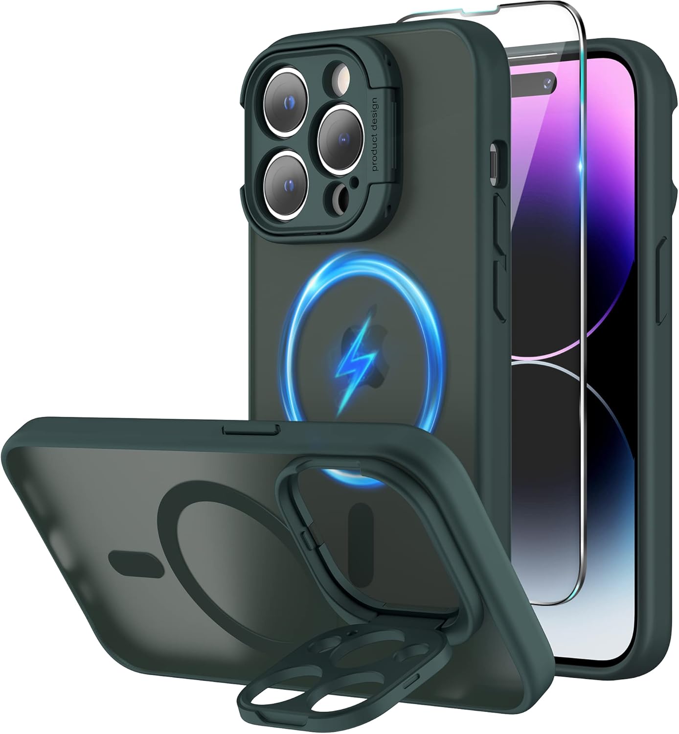 Magnetic for iPhone 14 Pro Max Case with Stand, Camera Kickstand with Screen Protector Compatible with Magsafe Shockproof Translucent Matte Cases 6.7-Inch (2022), Camera Green