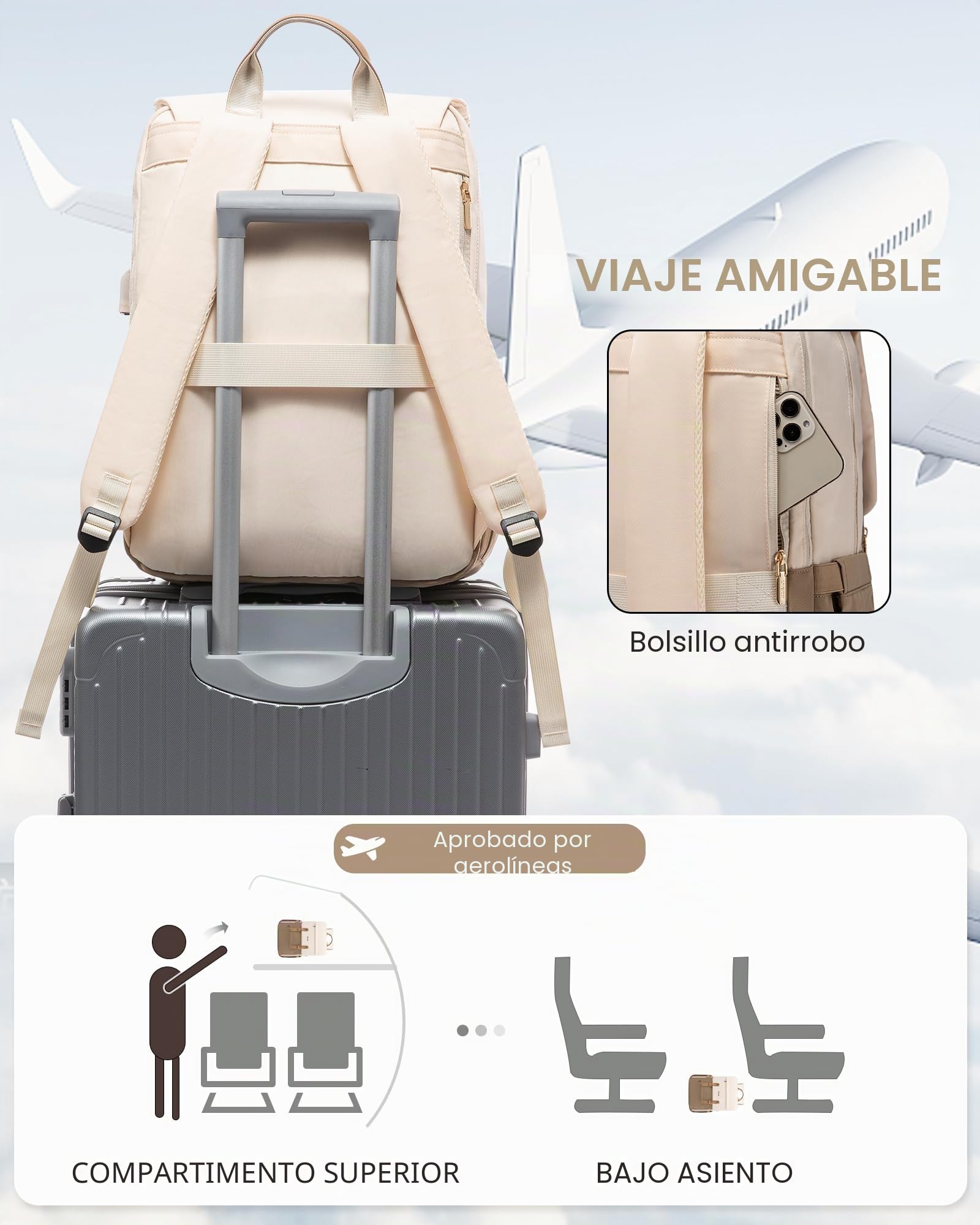 LOVEVOOK 17 Pulgadas Mochila Portatil Mujer, Mochila Antirrobo Impermeable Elegante para Ordenador Portátil con Carga USB para la Viajes, Universidad, Beige - Café