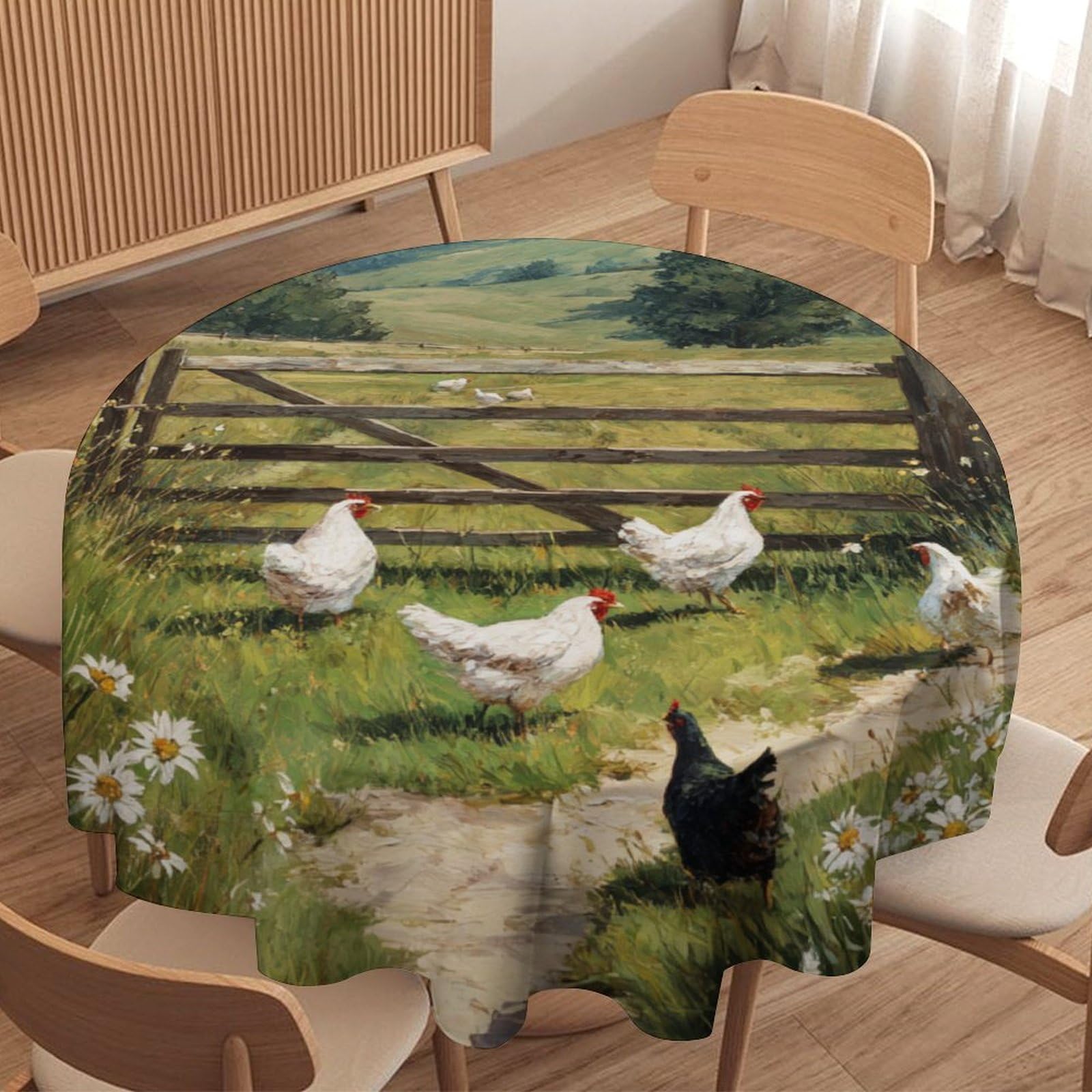 Luyysky Retro Abstract Watercolor Chicken Waterproof Round Tablecloth Colorful Realistic Daisies Floral Farm Animals Roosters Washable Table Cover For Kitchen-177.8" Wx177.8 L Cm