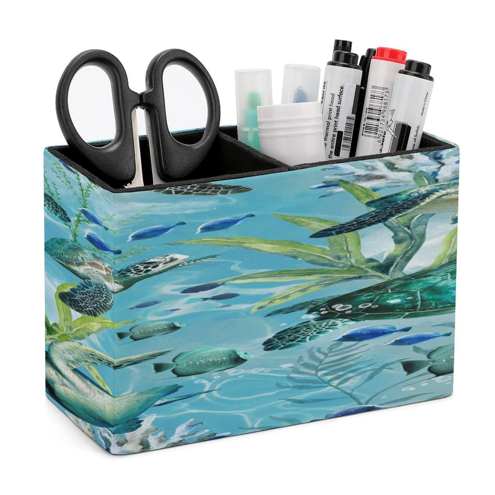 VstaDank Sea Turtle-Blue Pencil Holder for Desk Organizer 2 Compartments Pen Cup Leather Square Pen Holder Pencil Cup Stand Makeup Brush Holders for Desktop Organizer Storage Case