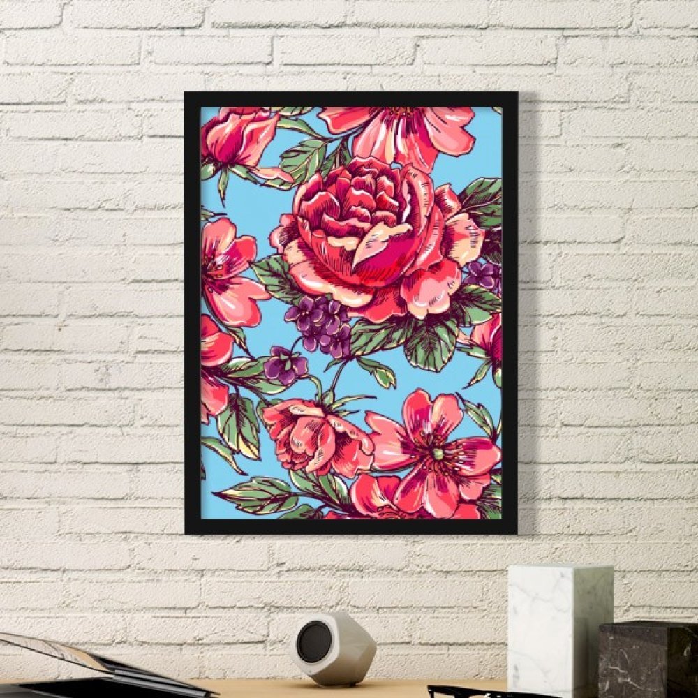 Cadre d'art noir avec estampe de fleur et feuille ciel taille M pour décoration murale