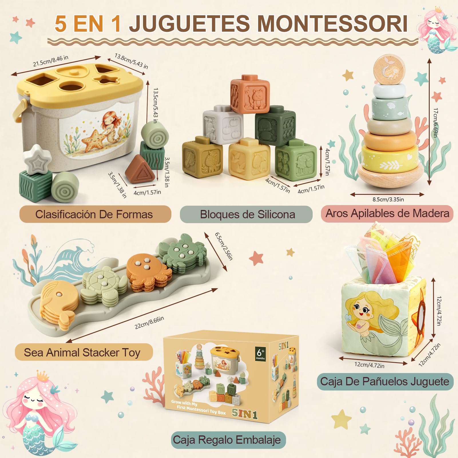 Anook Juegos Montessori Bebe 6-12 Meses, 5 en 1 Juguetes Bebes 6 9 12 Meses Incluir Cubos Apilables Bebe, Juguetes Caja Pañuelos, Juguetes Sensoriales para Niñas Bebés 6-24 Meses Regalo