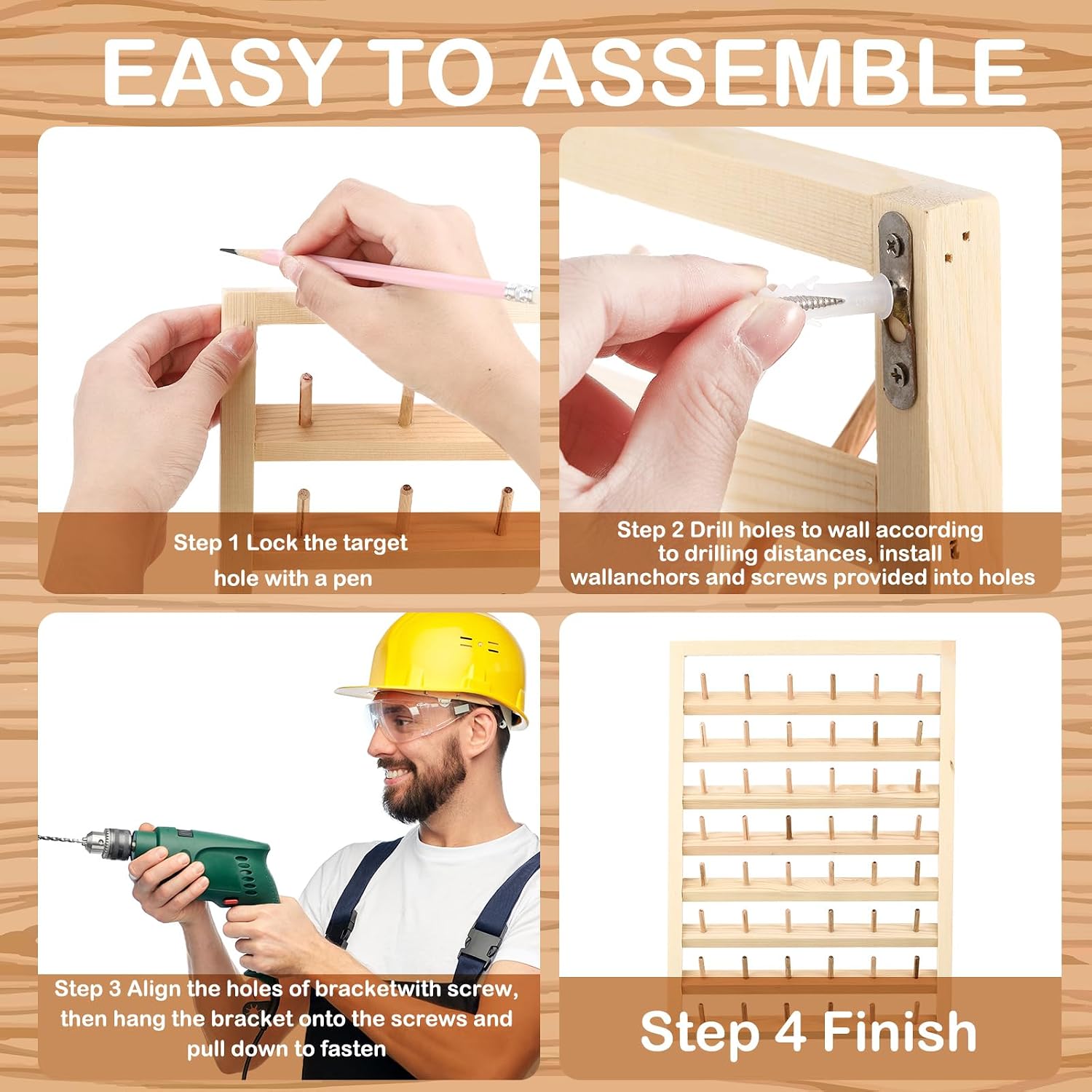 Yahenda 2 Pack 48 Spool Wooden Thread Holder Wall Mounted Thread Rack with Hanging Hooks Organizer for Mini Sewing Quilting Jewelry Embroidery