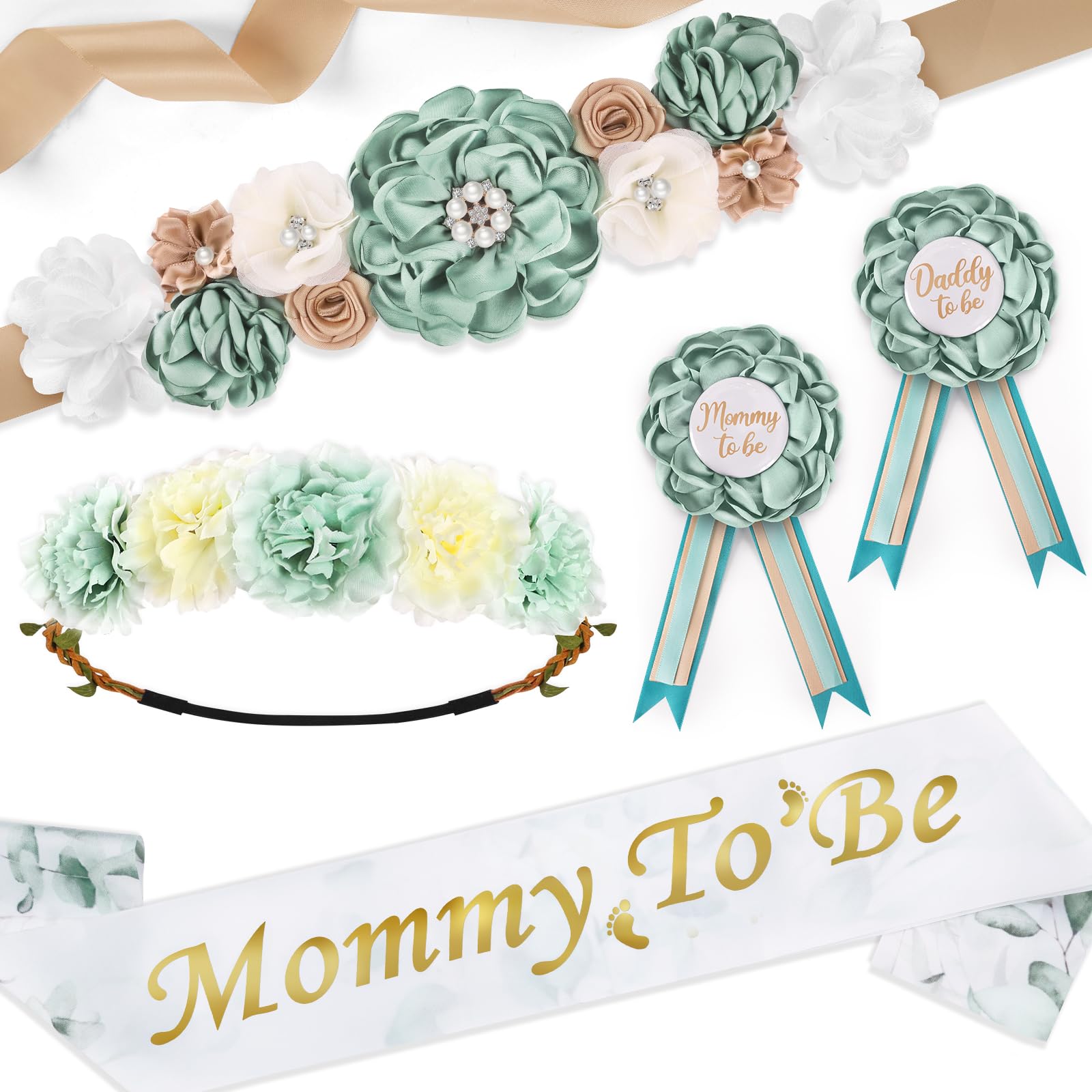 Photo 1 of 5 Pcs Maternity Sash Kit Mom to Be Daddy to Be Corsage Pins Flower Crown Belly Belt Pregnancy Sash for Baby Shower Decorations Pregnancy Parents Props Keepsake Gifts Party Favors (Sage Green)