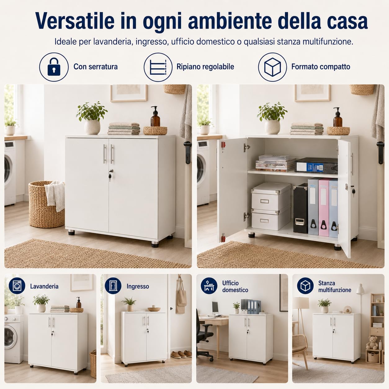 Ufficio Bianco Armadio Armadio scrivania 2 Ante libreria con Serratura Altezza 73 cm Estensione scrivania Altezza