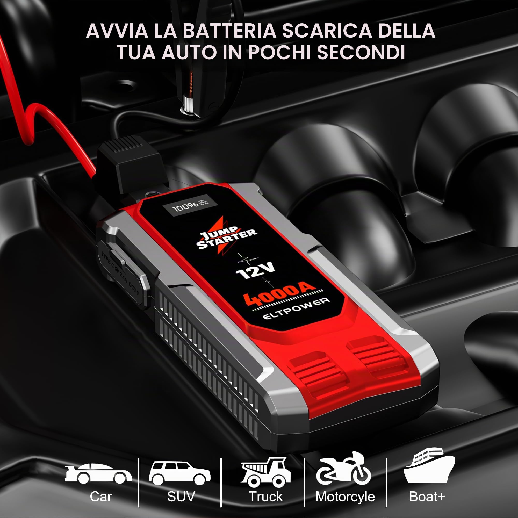 ELTPOWER Avviatore di Emergenza per Auto 4000A UltraSafe Avviatore di Emergenza Pacco Batteria 12V Caricabatterie per Auto Portatile Jump Box con Torcia 3 Modalità Cavi Jumper USB Power Bank Doppia