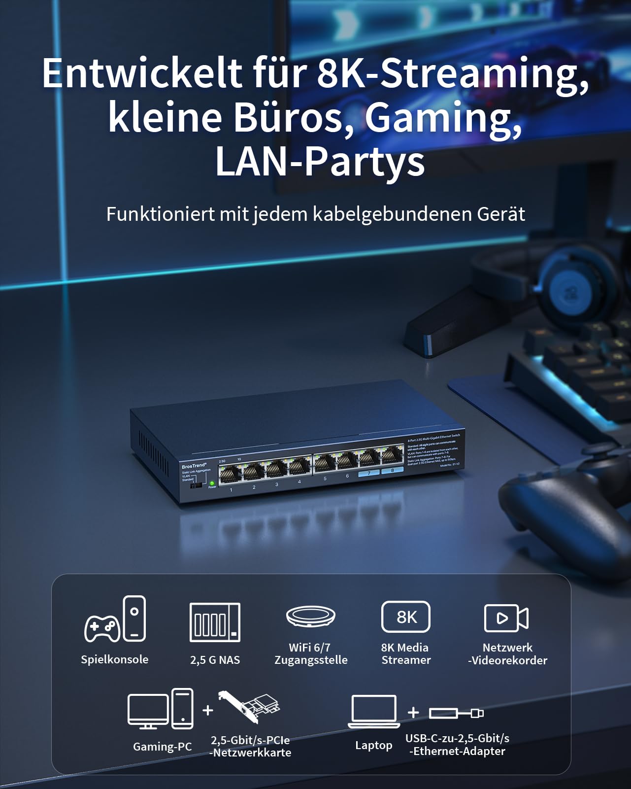 BrosTrend 8X 2.5-Gigabit Netzwerk Switch (Statische Link-Aggregation, VLAN) | Lifetime-Schutz Unmanaged 8 Port 2.5 Gbit LAN Switch für Gaming PC, NAS Server, Lüfterlos, Plug & Play, Ethernet LAN Splitter