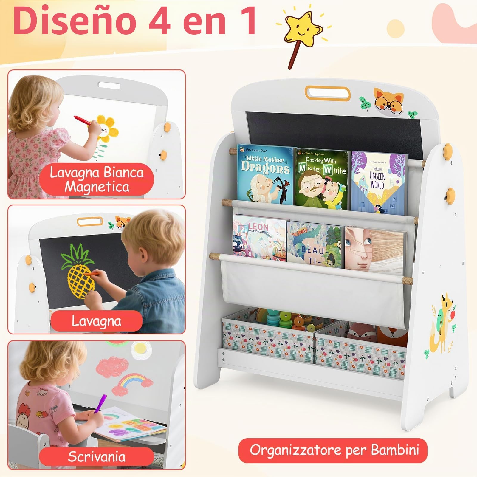 RELAX4LIFE Juego de Mesa y Sillas Infantil con Tema de Zorro, Pizarra Blanca Magnética, Pizarra Negra, Estantería de 2 Niveles y Cajas de Telas para Dibujar y Aprender (Gris)