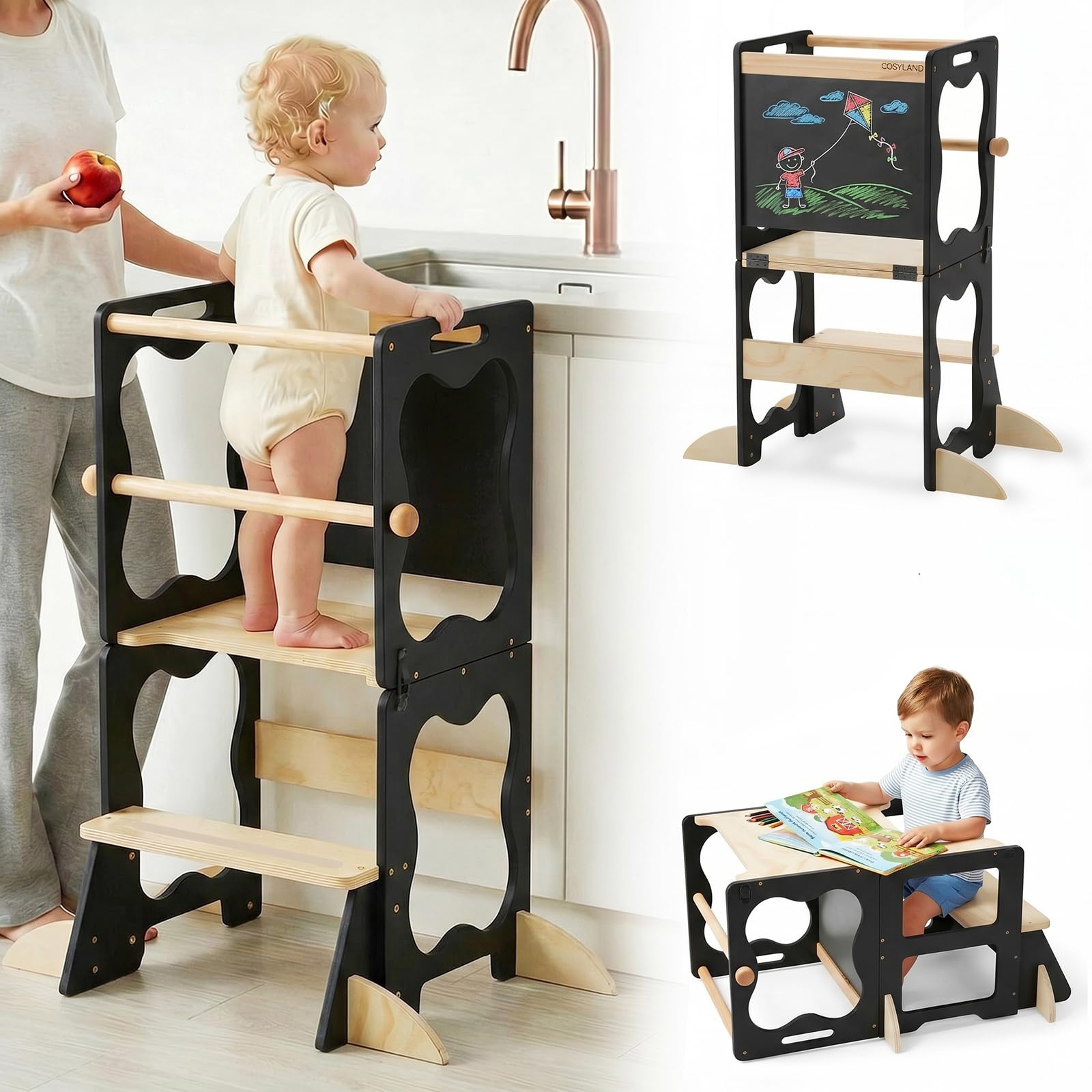 COSYLAND Lernturm Kinder 3in1 Küchenhelfer mit Tafel & Geländer Schwarz | Stabiler Küchenhelfer, wandelbar zu Tisch & Stuhl. Ideal für Lernen, Spielen und Küche. Sicher und zuverlässig.