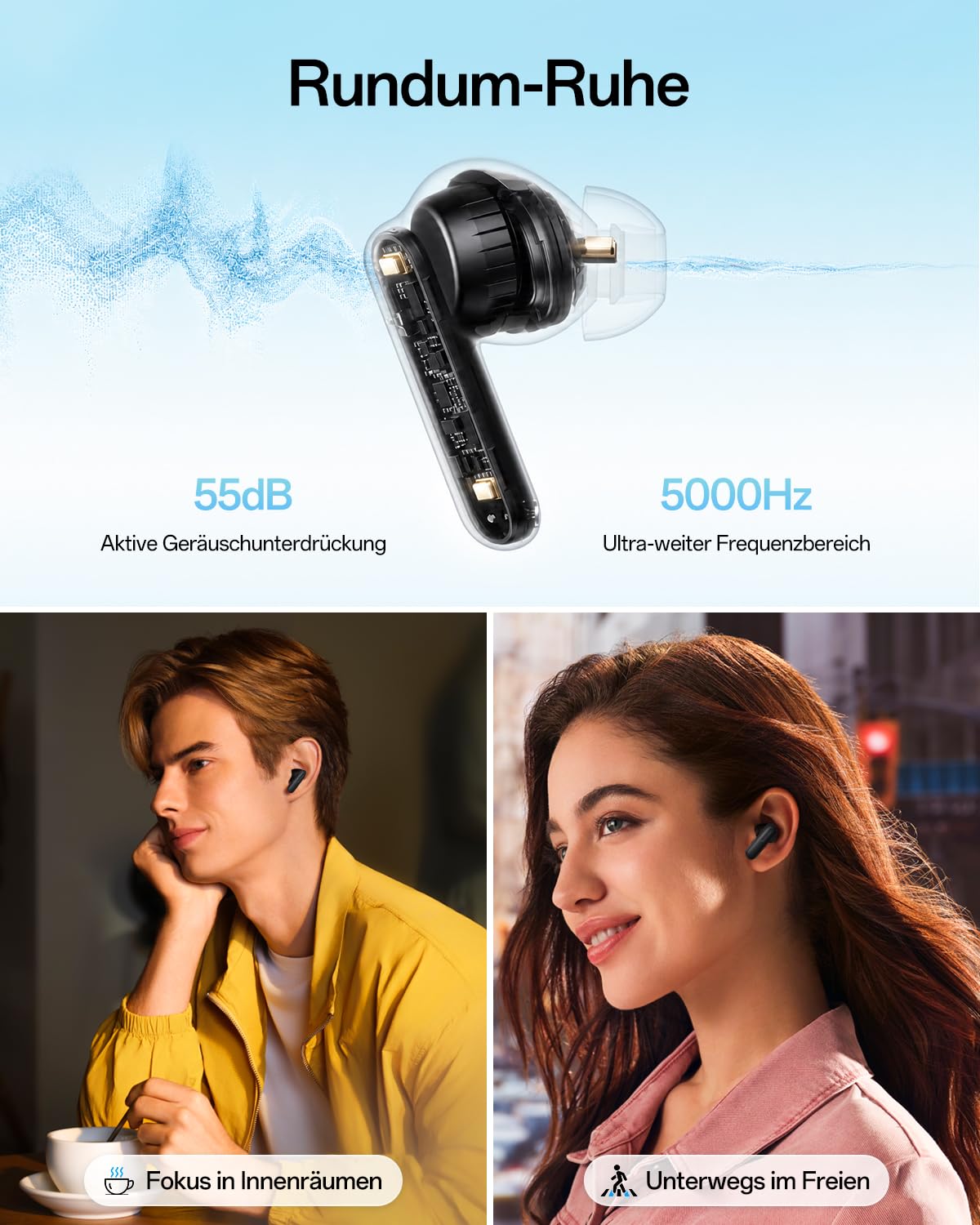 OPPO Enco Air5 Pro True Wireless Earbuds, Bluetooth 6.0 In-Ear Stereo, 55dB Aktive Geräuschunterdrückung, DREI-Mikrofon KI Anrufe, Hi-Res Audio, 54H Spielzeit, Tiefer Bass, IP55, Matte Black