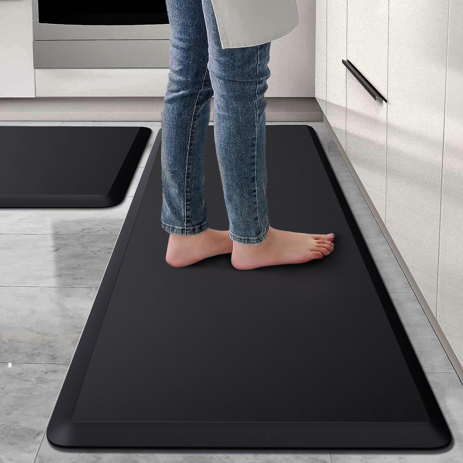 Kitchen Mats for Floor Anti Fatigue, Cushioned Rug Anti-Fatigue for Kitchen Waterproof Non-Slip Mats Set for Office,Floor,Laundry 17.3"×28" and 17.3" x 47", Black - 0.47" Thick