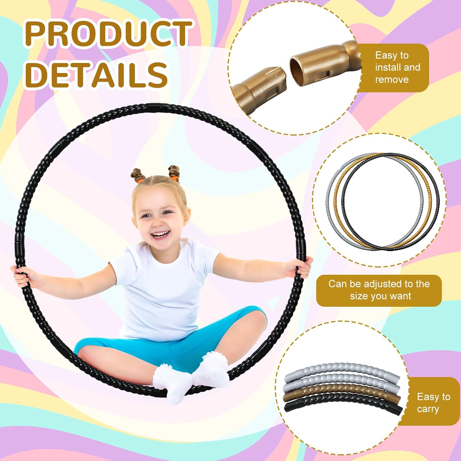 Sratte 12 Pcs Toy Hoop for Kid Detachable Adjustable Toy Hoop Colored Exercise Ring Plastic Circle for Kid Teen Gymnastics Equipment Require Self Assembly, 24 Inch (Black, Gold, Silver)