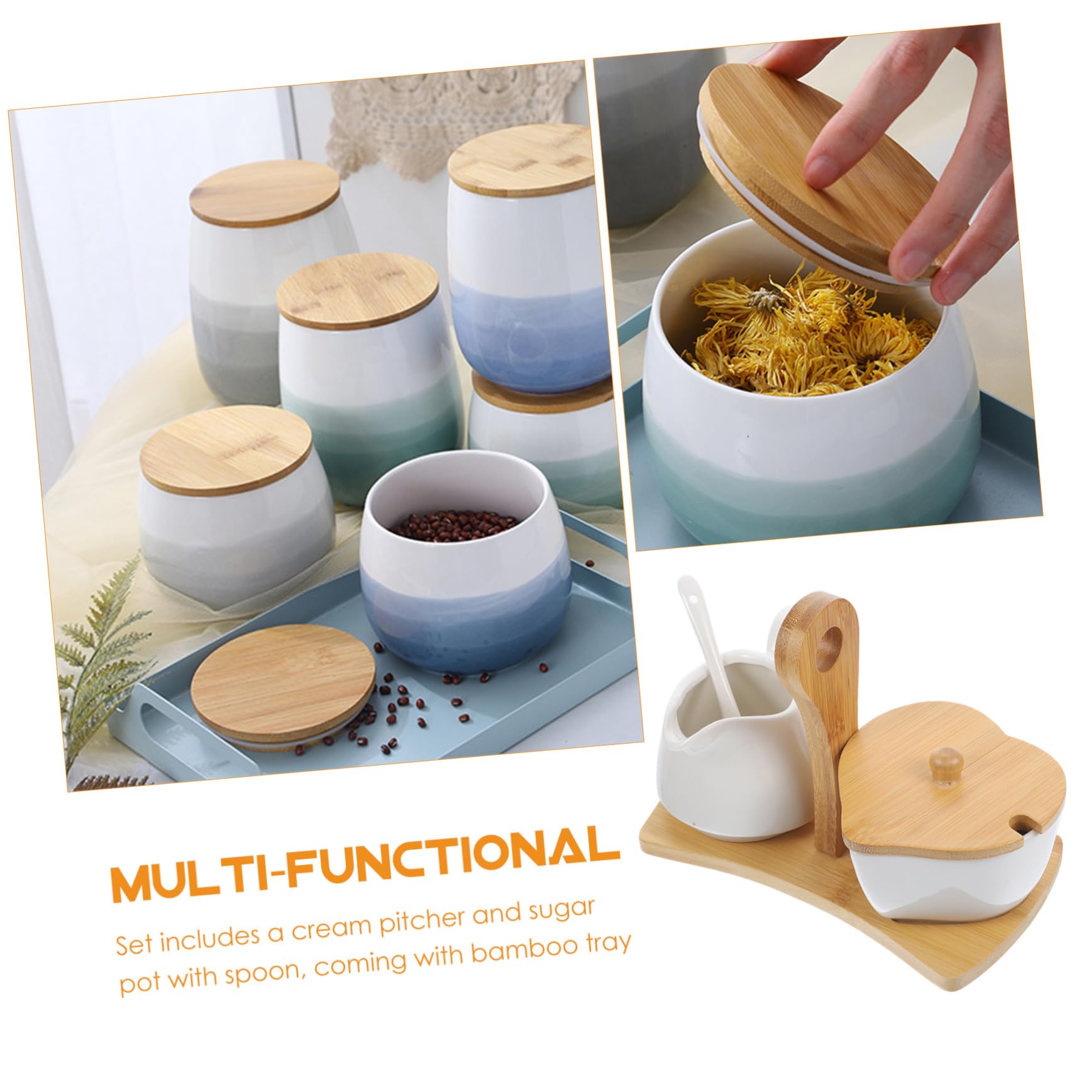 Amosfun Azucarero y Jarra De Crema De Cerámica con Bandeja y Cuchara De Bambú Conjunto para Hogar y Hotel Diseño Simple Material Cerámico Premium para Té