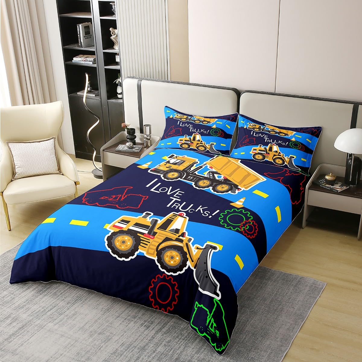 100% Cotton Truck Duvet Cover - Queen Kids Excavator Equipment Comforter Cover - Construction Vehicle Quilt Cover - Cartoon Machinery Truck Gear Bedding - Bulldozer Tractor Cars - Colorful