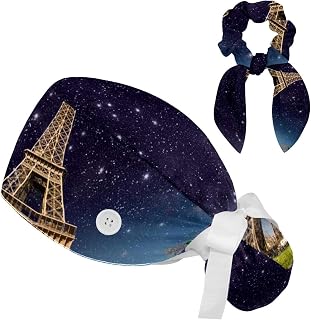 FVQL 2 Pieces Surgical Cap for Long Hair Scrub Cap with Hairband Nurse Cap, Starry Star and Eiffel Tower Pattern Art