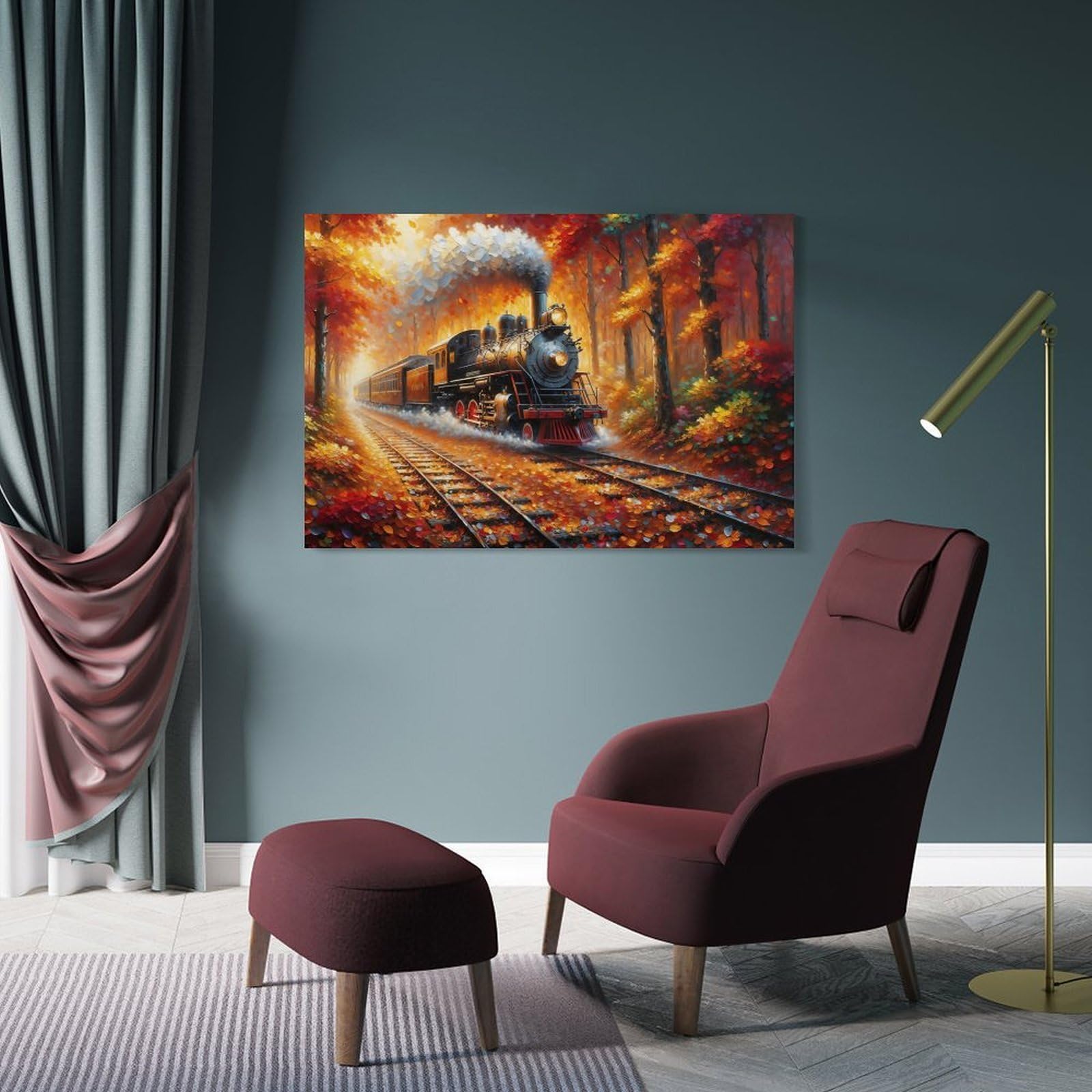 Junmoney Frame-Style-16-1 Steam Train In Autumn Wall Decor Canvas Print, 12X18inch(30X45cm), For Flats, Guest Rooms Or Compact Rooms, A Simple Refresh For Blank Walls