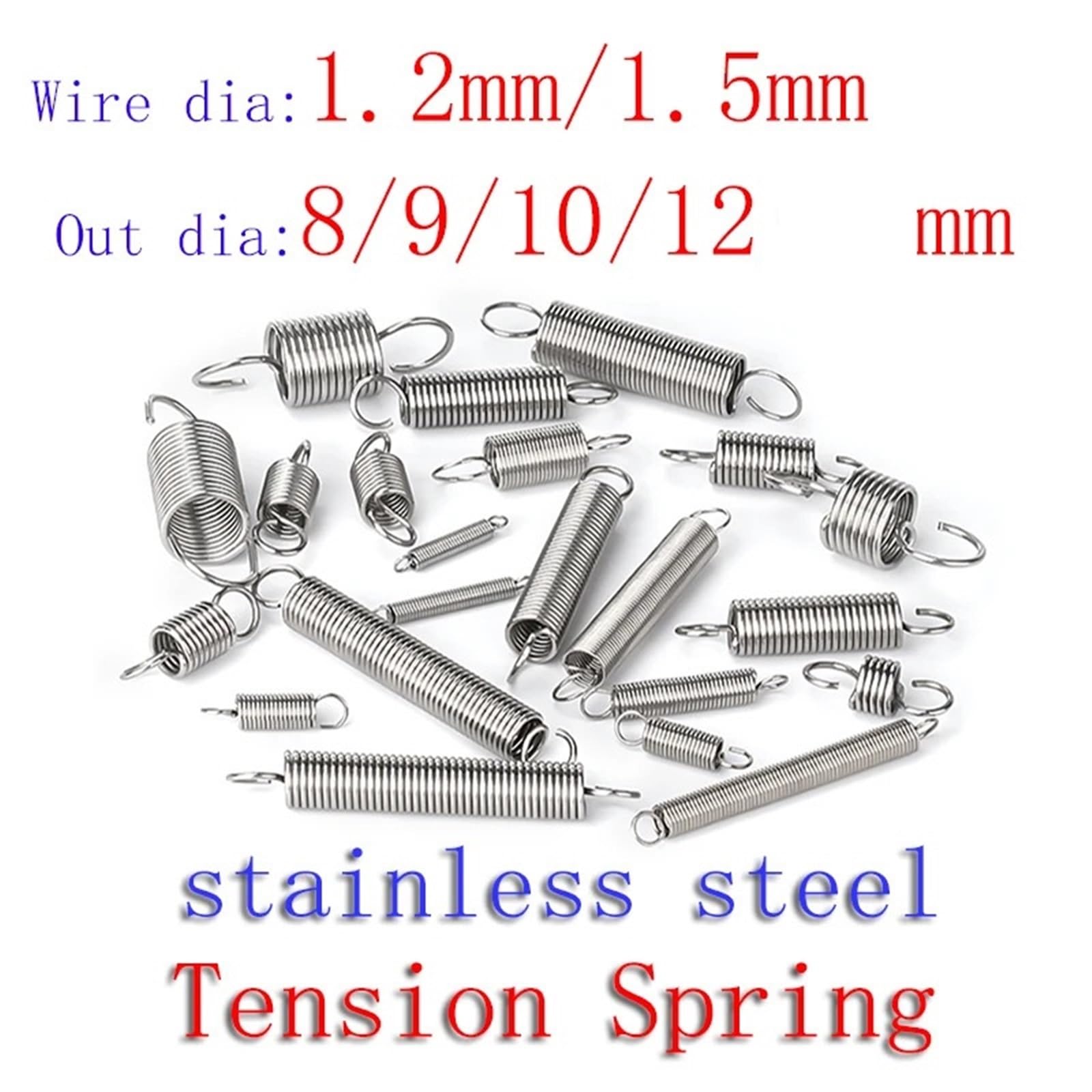 Molla elicoidale di Estensione a trazione cilindrica elicoidale in Acciaio Inossidabile con Gancio di Tensione, Diametro del Filo 1,2 mm 1,5 mm Molle di Tensione(200mm(2pcs),8MM_1.5MM)