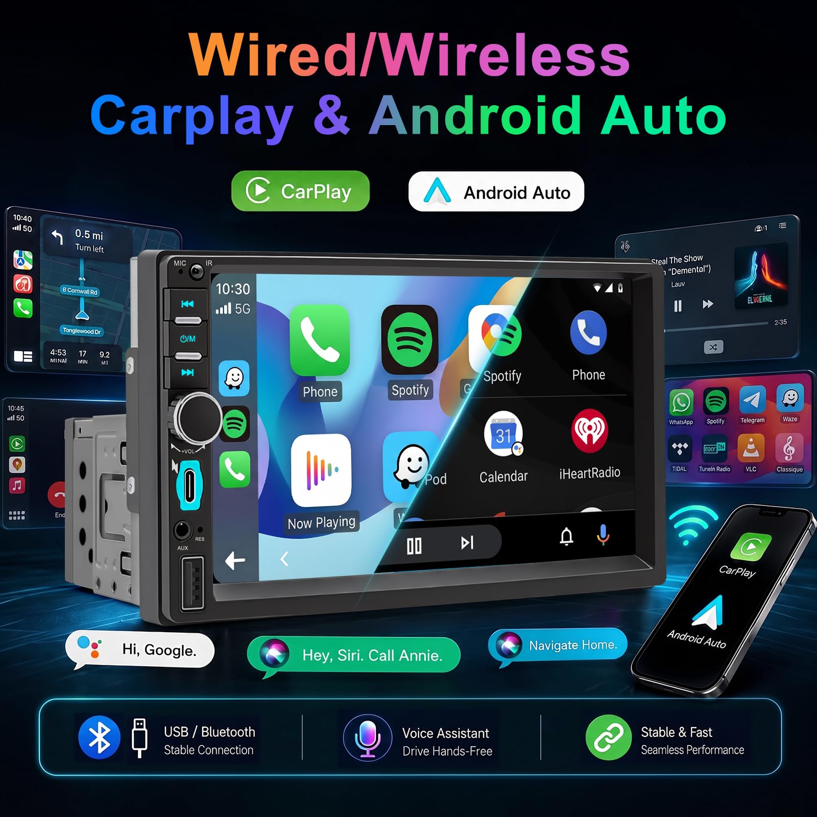 Autoradio 1 DIN Car Play Voiture sans Fil CarPlay & Android Auto