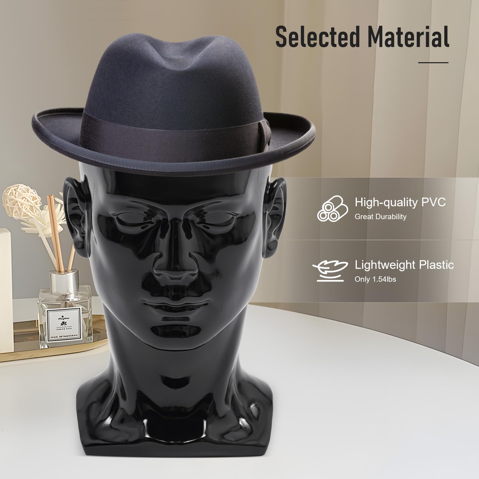 Cabeza masculina de PVC para peluca, cabeza decorativa, maniquí, sombreros y gafas, 50 x 30 cm, negro claro