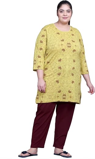 In Love Women's Cotton All Over Printed Full Sleeve Plus Size Long T-Shirt with Pyjama Set