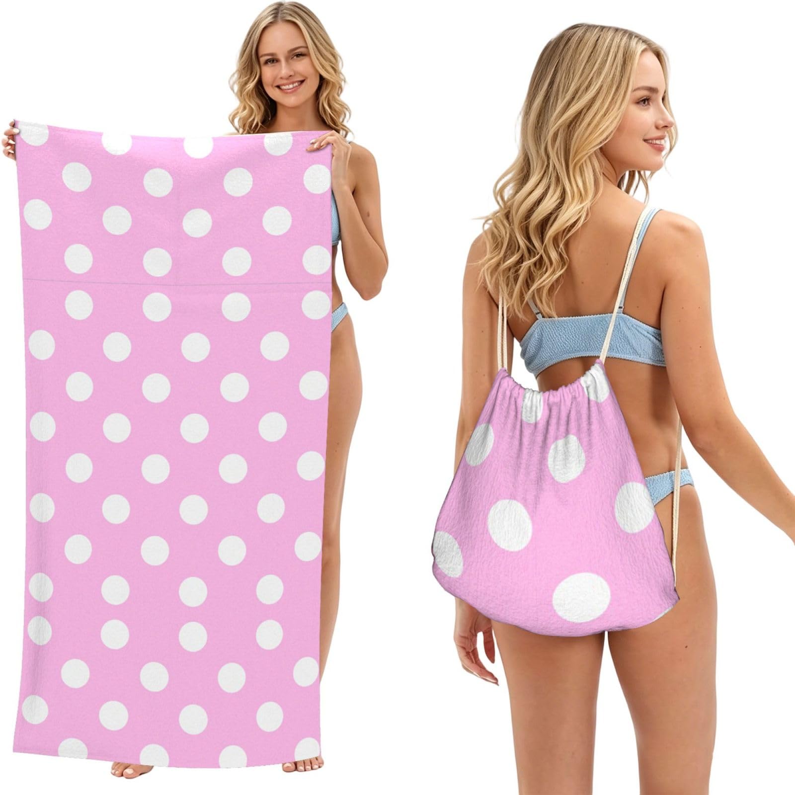 ESNAIUVCD Pink Polka Dots Print Beach Towel For Adults,Towel With Drawstring Bag, Travel Pool Swimming Sports Shower Sand Free Quick Dry Bath Towel For Pool, Beach, Yoga- 180x60cm