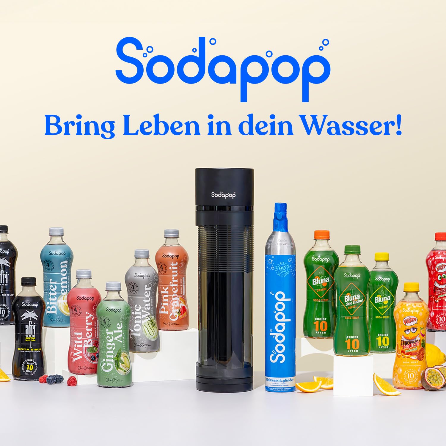 Sodapop Wassersprudler Logan, inkl. 3 Glasflaschen (2x 850 & 1x 600 ml) und 1x CO₂-Zylinder, Starterset, Matt Schwarz, Höhe 42,6 cm