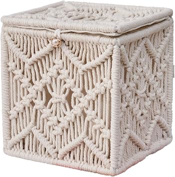 Tissue Box Cover Macrame Square Open-Bottom Tissue Box Holder Boho Decor Tissue Organizer Bohemian Handmade Woven Tissue Cube Box for Bathroom Bedroom Dresser Living Room Office Dorm Ivory