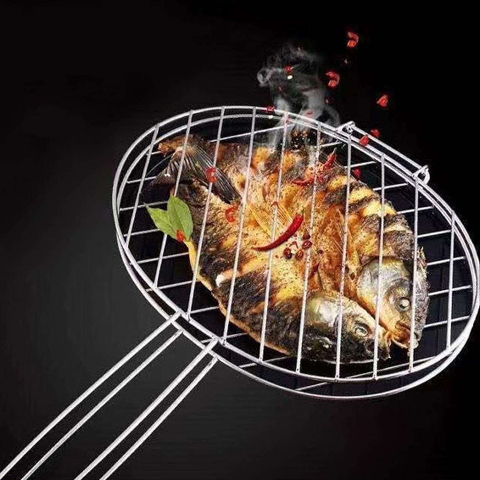 Soporte Grande Multiusos para Red de Pesca para Barbacoa, Herramienta para Asar Pescado al Aire Libre, Abrazadera para Parrilla, Cesta útil para Todo Tipo de barbacoas, Cesta con Pinza Acero