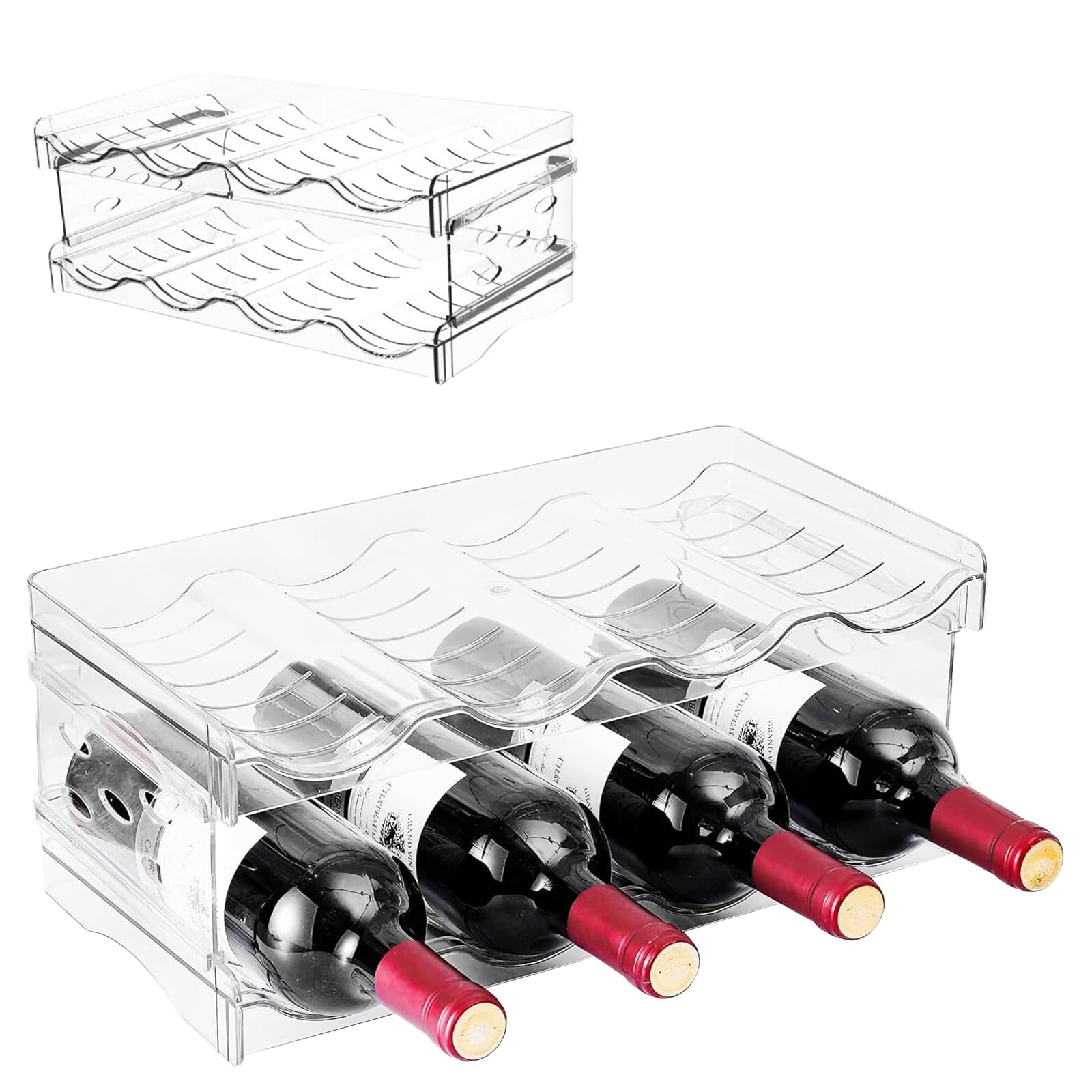 Flaschenregal Stapelbarer, Stapelbares Weinflaschenregal, Flaschenhalter aus Kunststoff, Weinregal Hält bis zu 8 Flaschen, Flaschen Organizer, Geeignet für Küche, Büro, Kühlschrank, Transparent