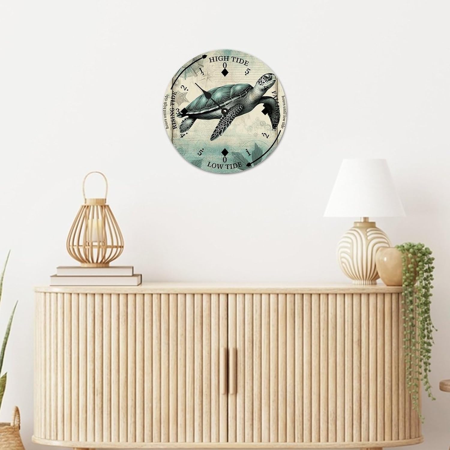 Sea Turtle Wood Tidal Clock Ocean Time Maritime Coastal Beach High Tide Low Tide Clock Rustic Wooden Nautical Tide Movement Vintage Decor for Beach House Kitchen Wall Art 12x12 in