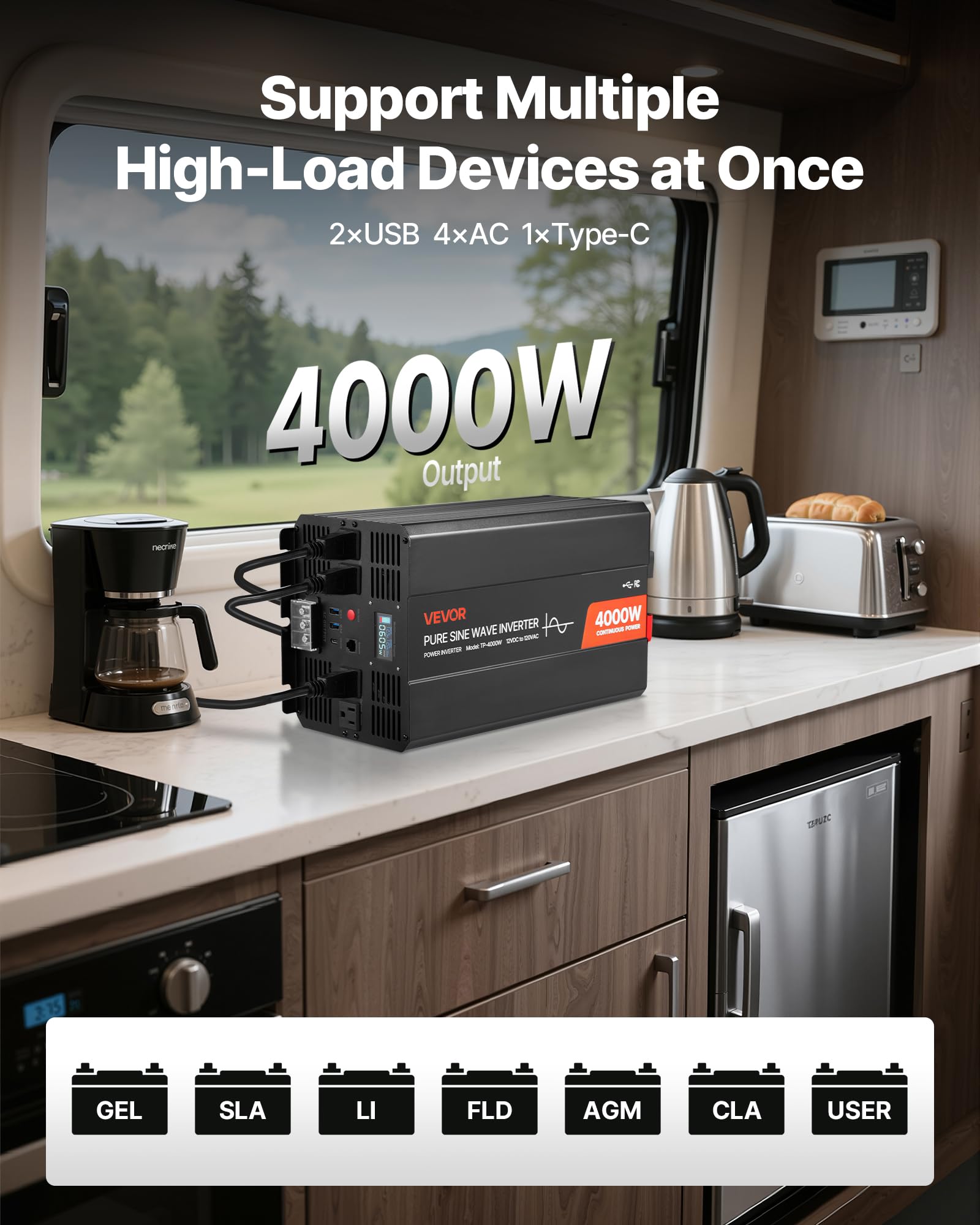 VEVOR Falownik prądu 4000 W, czysty falownik sinusoidalny 12 V DC na 230 V AC, konwerter ładowarki samochodowej z wyświetlaczem LCD, pilotem zdalnego sterowania, portami USB i typem C, gniazdami AC