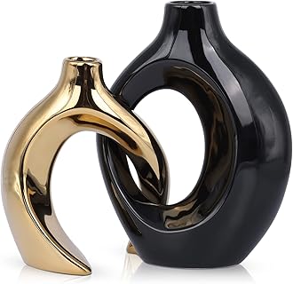 Ceramic Vase Set of 2, Modern Hollow Donut Vases for Flowers, Nordic Minimalist Vases for Home Decor Living Room Decor, couple ceramic vase (Electroplating-black+gold)