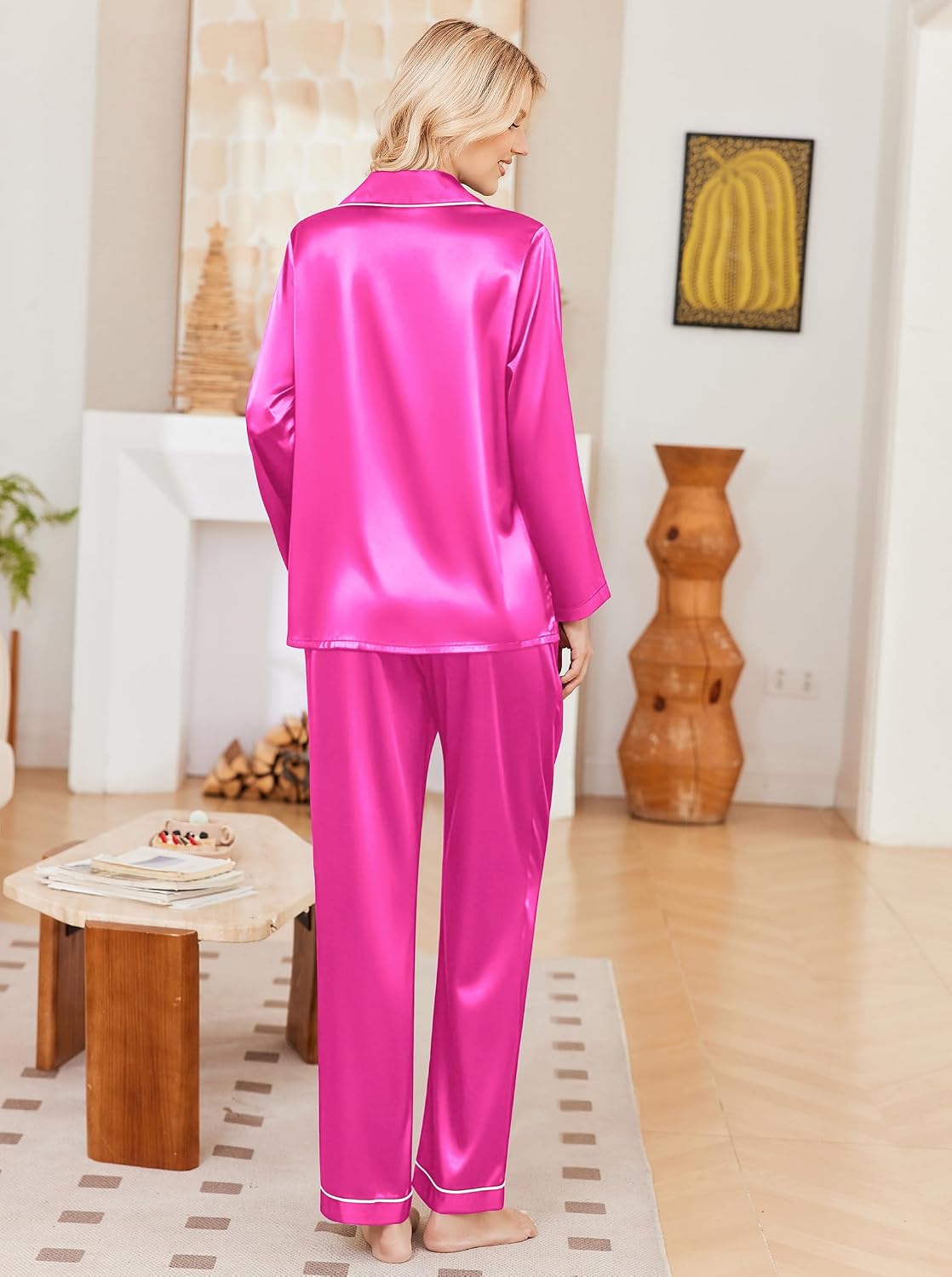Ekouaer Womens Pajamas Silk Satin Long Sleeve Button Down Pjs Lounge Set image 2