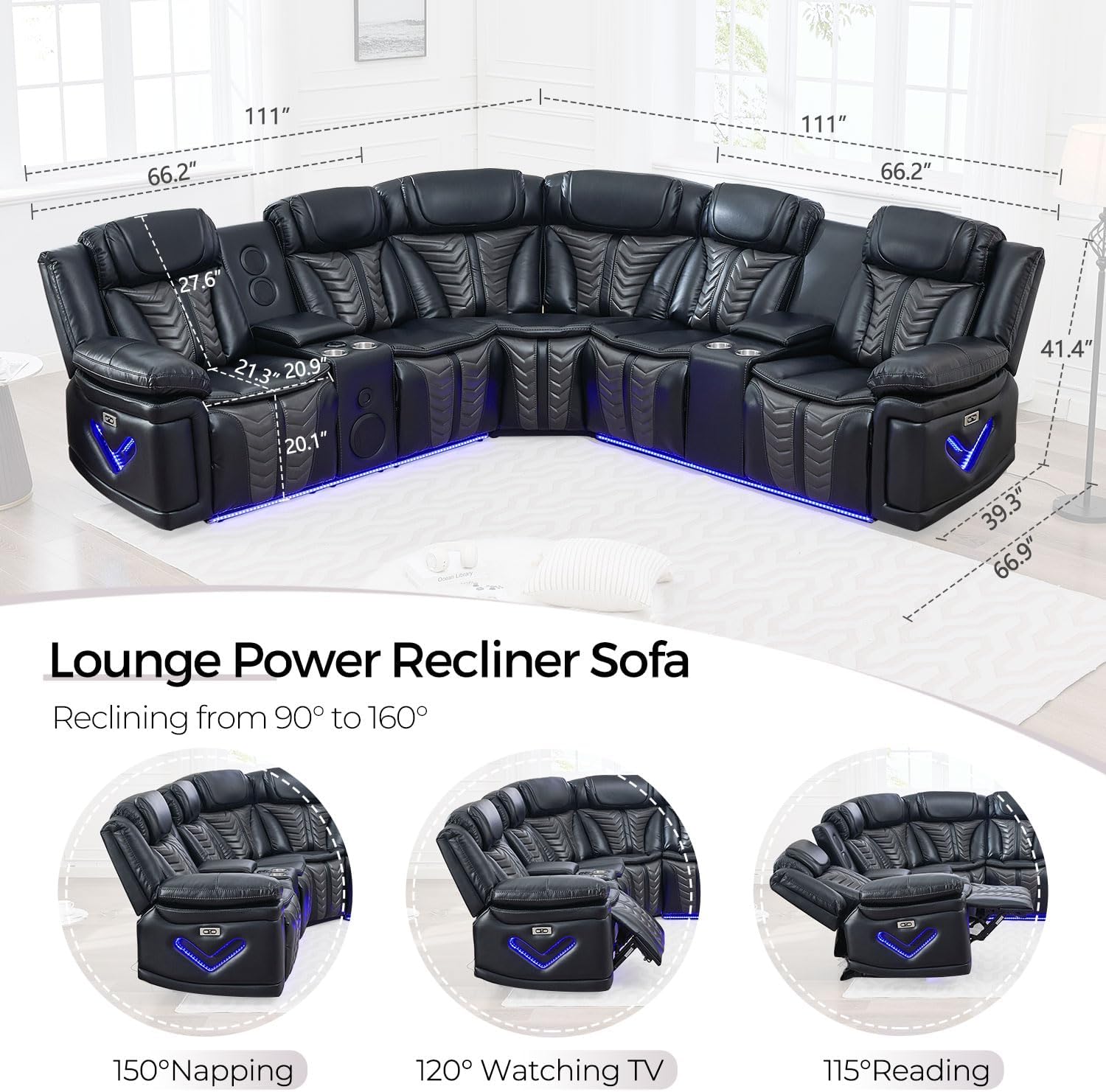 Power Electric Recliner Sectional Sofa Couch with Bass Speakers for Living Room, Faux Leather Sectional Reclining Corner Couches Sets with LED Lights, Home Theater Sectionals with Recliners, Black