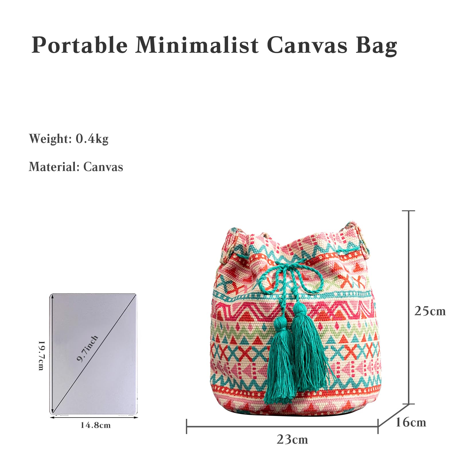 Estilo Étnico Tote y Bolso de Mano de Lona para Mujer, Bolso de Hombro para Estilo Boho y Playa con Borlas Retro y Bolsa de Cubo para Vacaciones, Citas y Viajes Multicolor