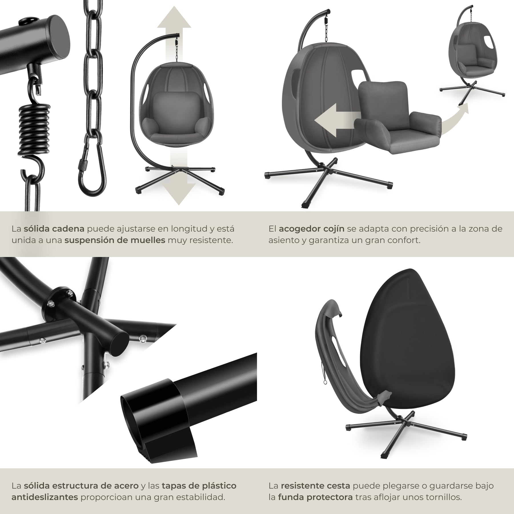 tectake® Columpio Jardín Exterior con Estructura, Silla Colgante Giratoria, Altura Ajustable, Resistente a la Intemperie, Sillón Colgante, hasta 160Kg, con Funda Protectora y Cojines - Antracita
