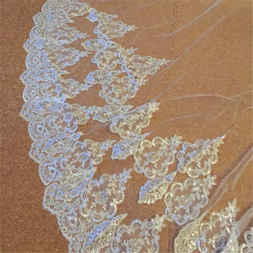 5 Mètres Voiles de Mariage Voile Mariée avec Lacet Applique Bordure Bling Paillettes 2 Tier Longue cathédrale Voile avec Peigne pour la mariée,Ivory