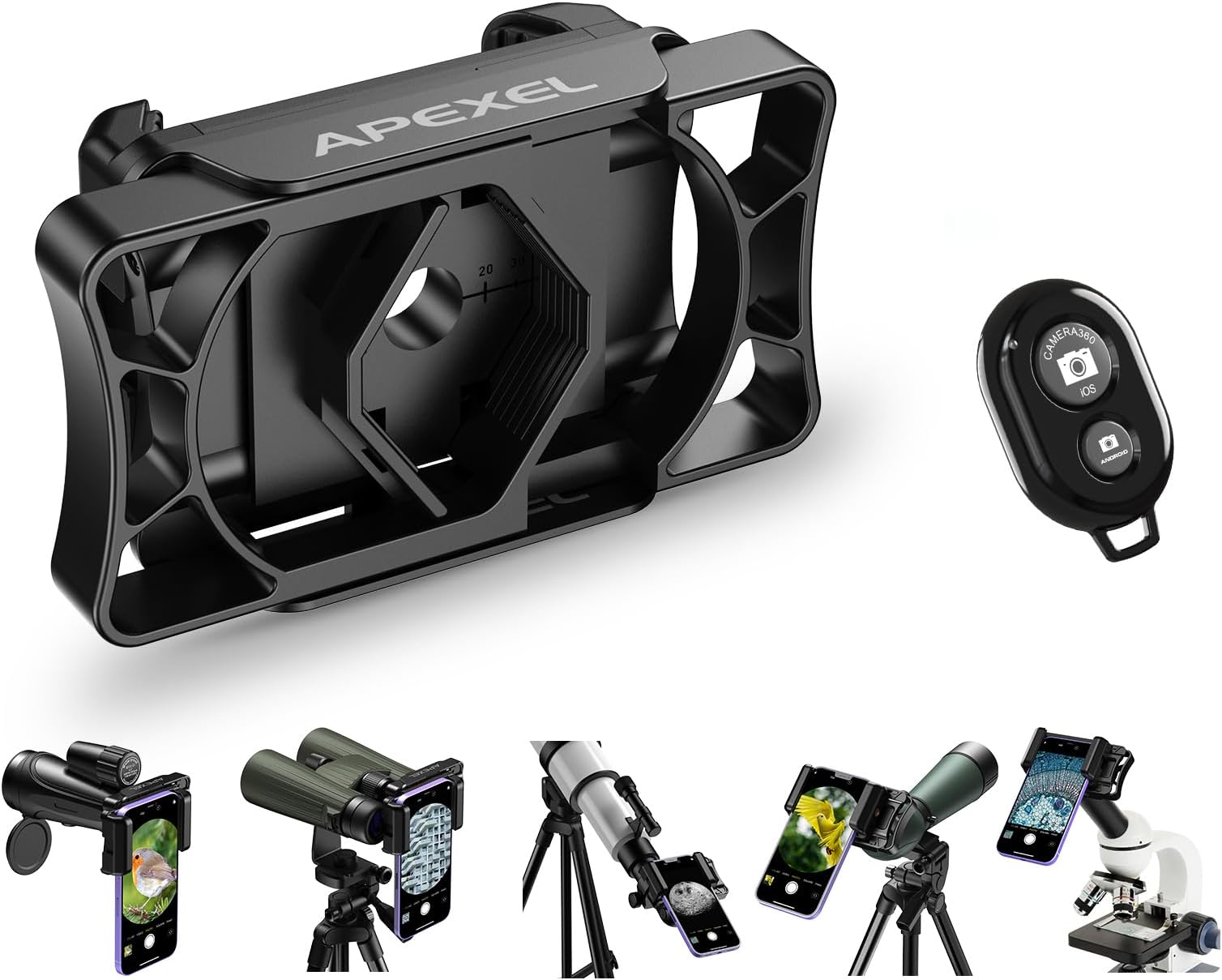 Telescope Phone Adapter, One-Piece Binocular Photo Adapter for Android & iPhone, Phone Holder Mount for Telescope, Monocular, Binocular, Microscope, Spotting Scope, Gift. (Including Remote)