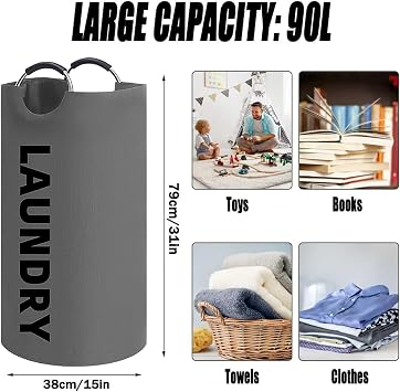 90L Large Laundry Basket, Collapsible Laundry Bag, Freestanding Tall Clothes Hamper, Waterproof Foldable Washing Bin (Grey)