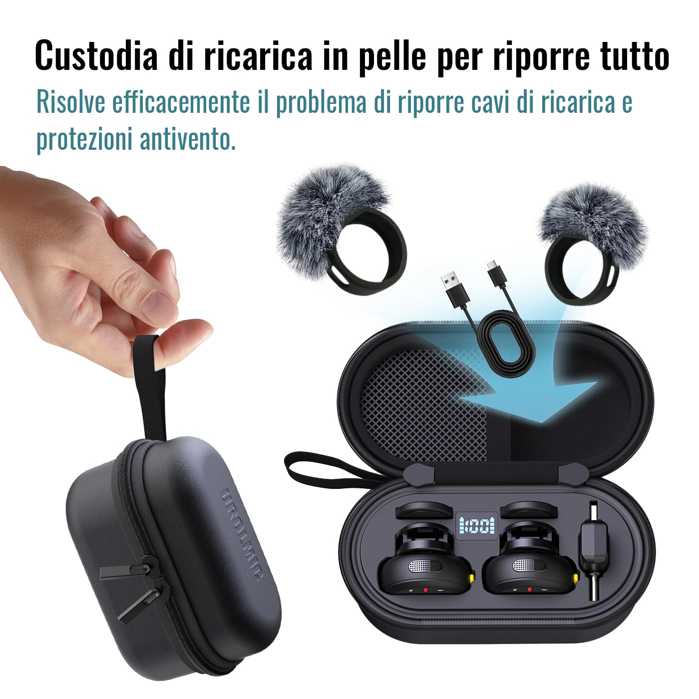 Microfono wireless 2-in-1, 40 Ore di Autonomia, Cancellazione Rumore Professionale, Indossamento Magnetico, Trasmissione 55m, Compatibile con iPhone e Android per Registrazione