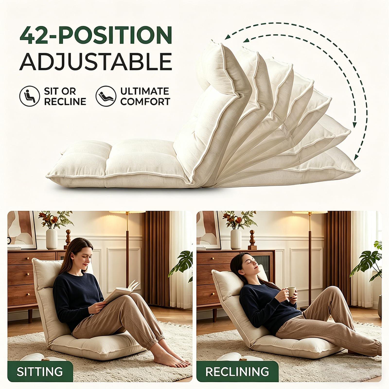 Silla de suelo ajustable con soporte trasero, tumbona plegable de 42 posiciones, asiento de meditación versátil para sala de estar, dormitorio, ventana de bahía
