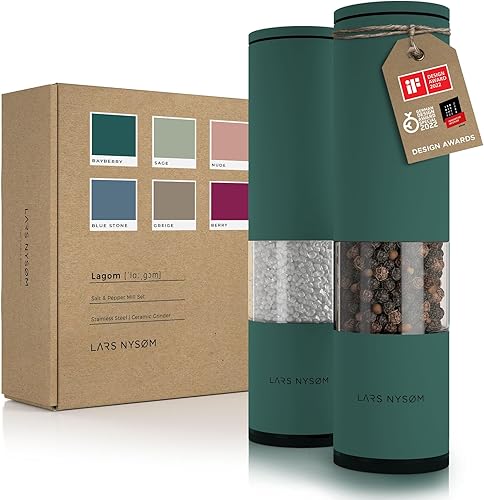 Miniatura 1 de LARS NYSØM Juego de molinos de sal y pimienta de acero inoxidable con molinillo de cerámica ajustable, juego de 2 piezas I Designer Spice Mill