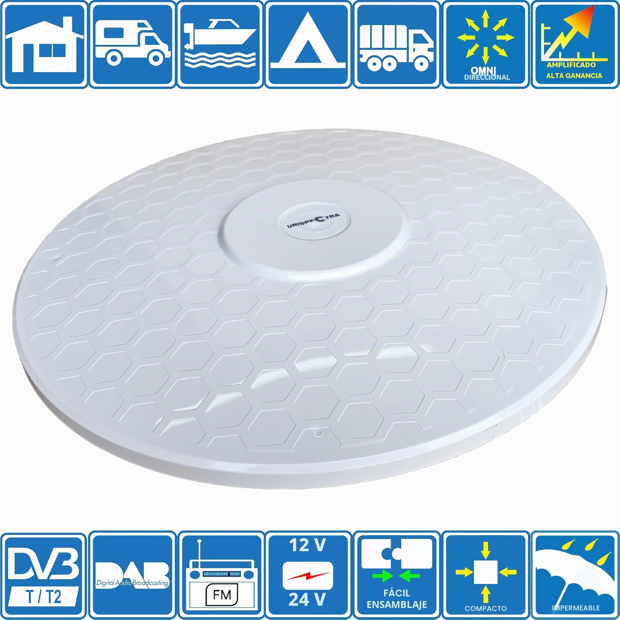 Helio – Imán Amplificado Digital omnidireccional Antena de TV HD de Ganancia Alto 33dB TNT DVB-T2 FM Dab. Unispectra® 12 V 24 V 5 V USB Ideal para Peso Pesado camión Caravana Barco o Camping