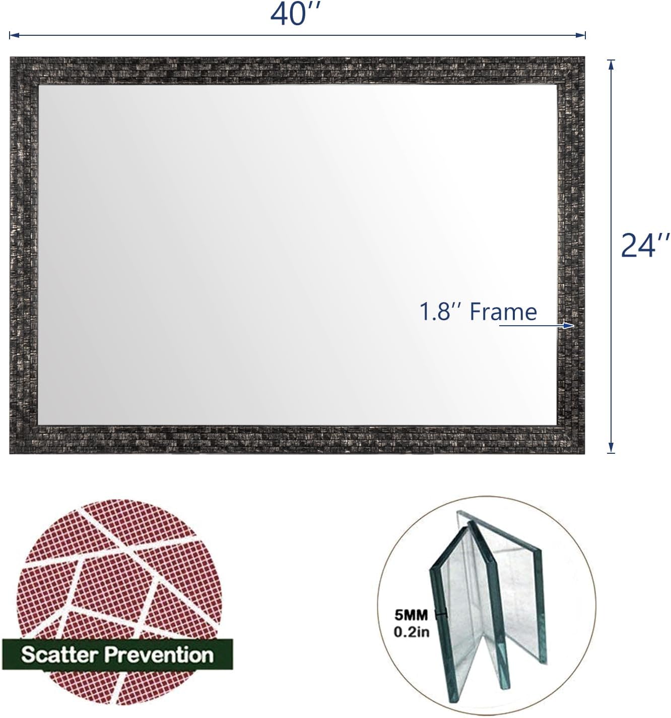 Bathroom Mirrors 40x24 Inch for Wall, Modern Rectangle Black Frame Wall Mounted Mirror Vertical or Horizontal Hanging for Living Room, Bedroom(40''x24''Mosaic Black)