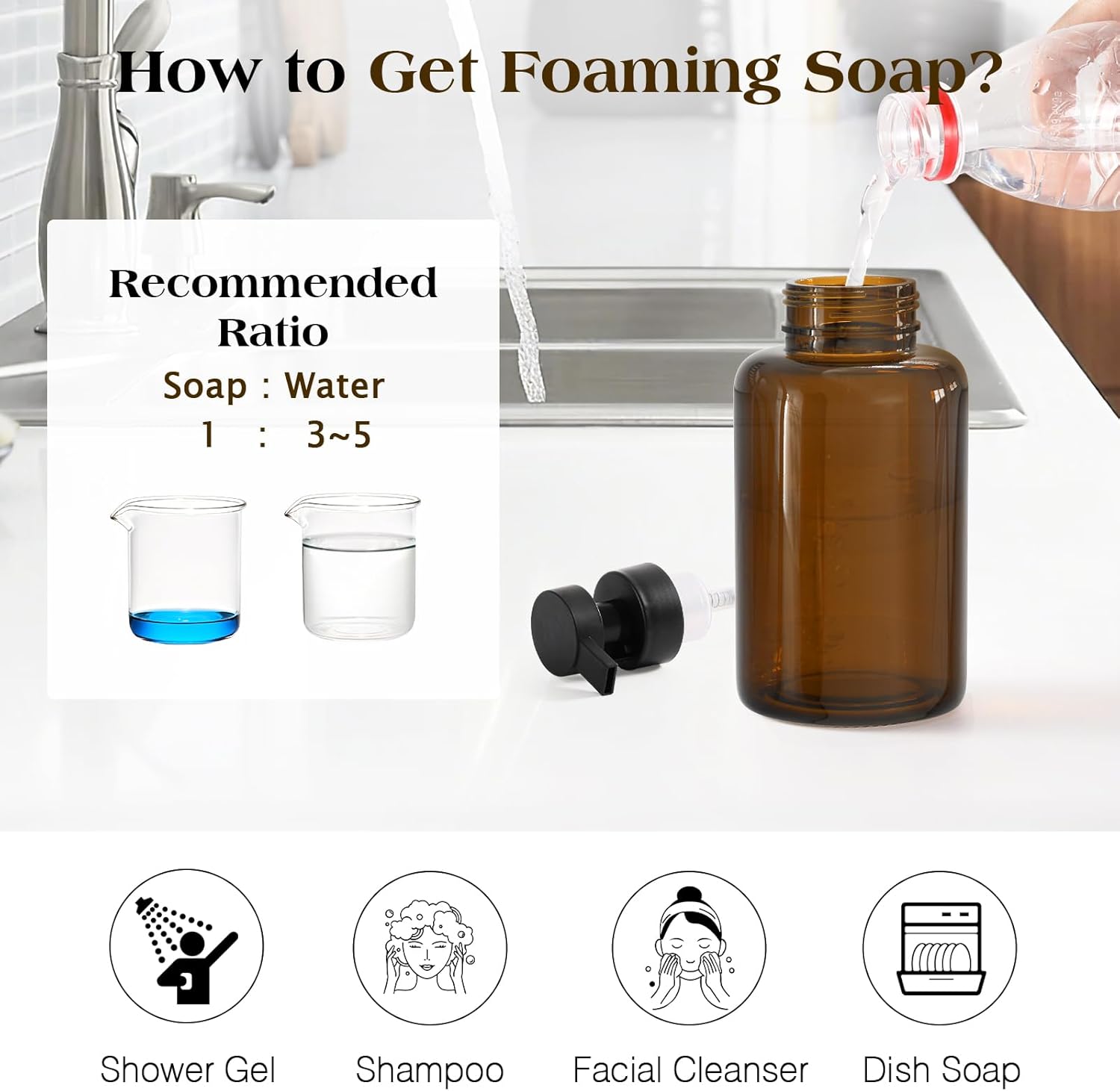 Luxspire Foaming Soap Dispenser, Glass Foam Pump Soap Dispenser, Non-Slip Hand Soap Bottle with 5 Waterproof Labels, 15 Oz Refillable Liquid Soap Bottle for Bathroom & Kitchen, Amber, 2 Pack - Image 6