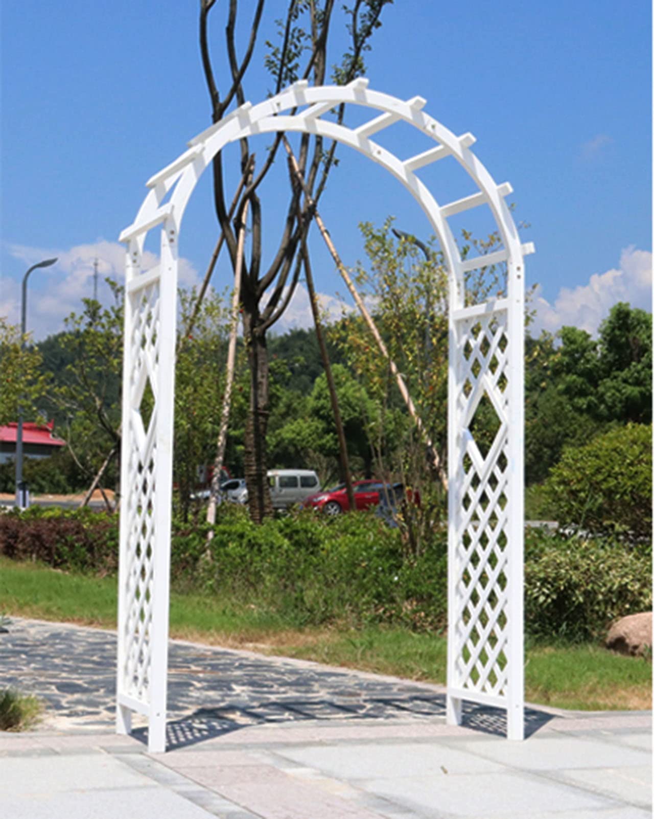 Enrejado de arco de jardín de madera blanca para plantas trepadoras y rosas, cenador de patio al aire libre para patio, piscina y terraza, decoración duradera de 140 x 225 cm