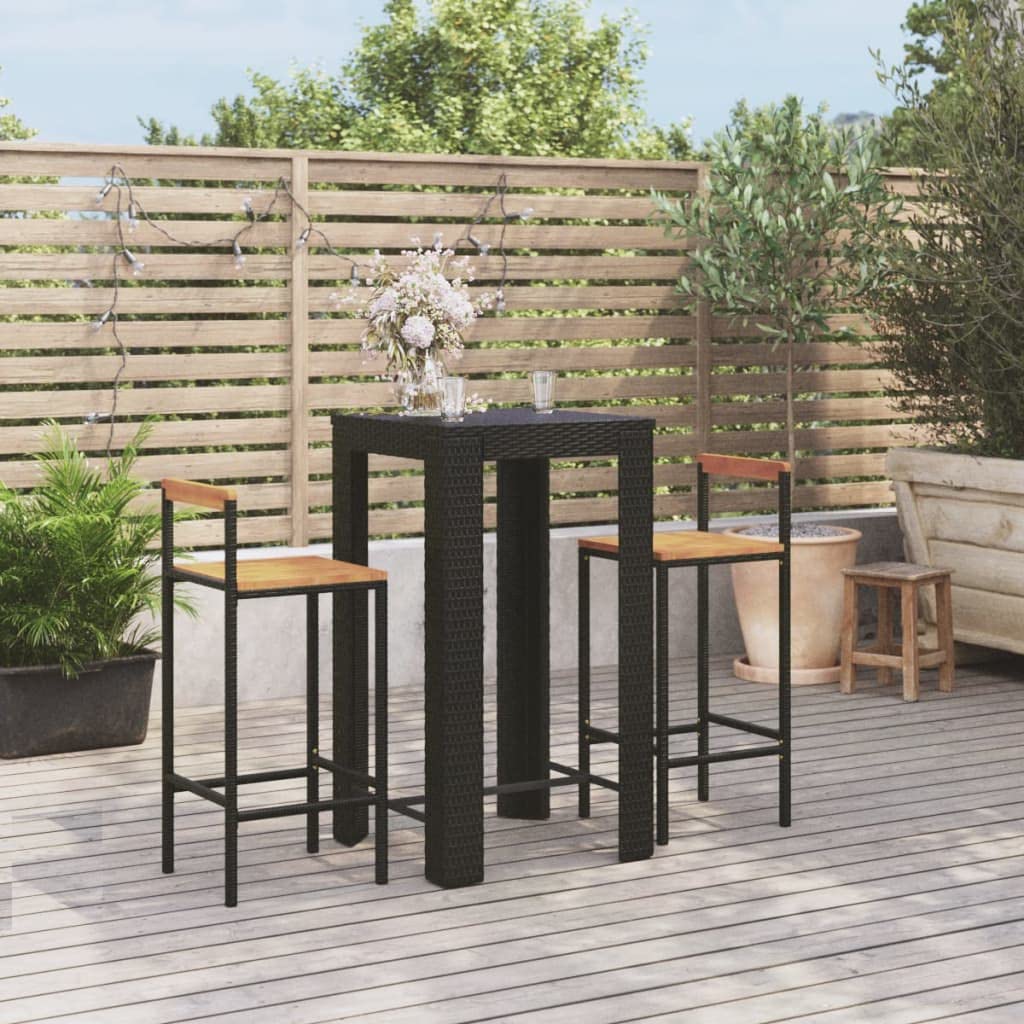 Ensemble de bar de jardin 3 pièces noir en rotin et bois d'acacia