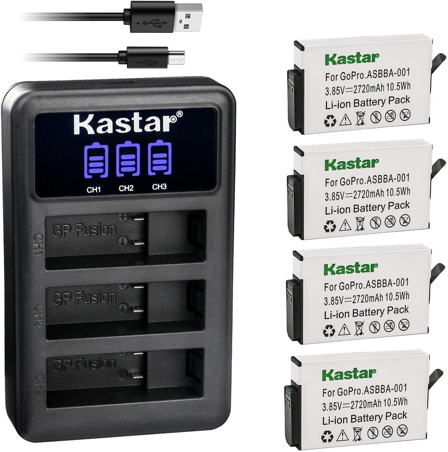 Kastar 4 Pack Battery and LCD Triple USB Charger Compatible with GoPro Camera ASBBA-001 Fusion Battery, GoPro ASBBA-001 Battery, Gopro Fusion 360-Degree Action Camera, Gopro Fusion VR 360 Camera