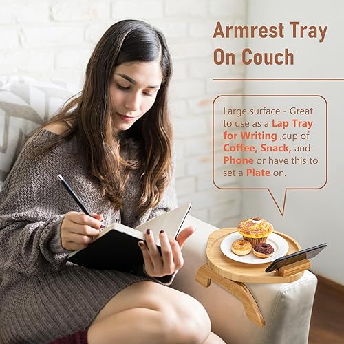Miniatura 3 de SINWANT Mesa de brazo para sofá, bandeja redonda de bambú con clip para sofá con soporte para teléfono de 360°, mesa plegable para reposabrazos