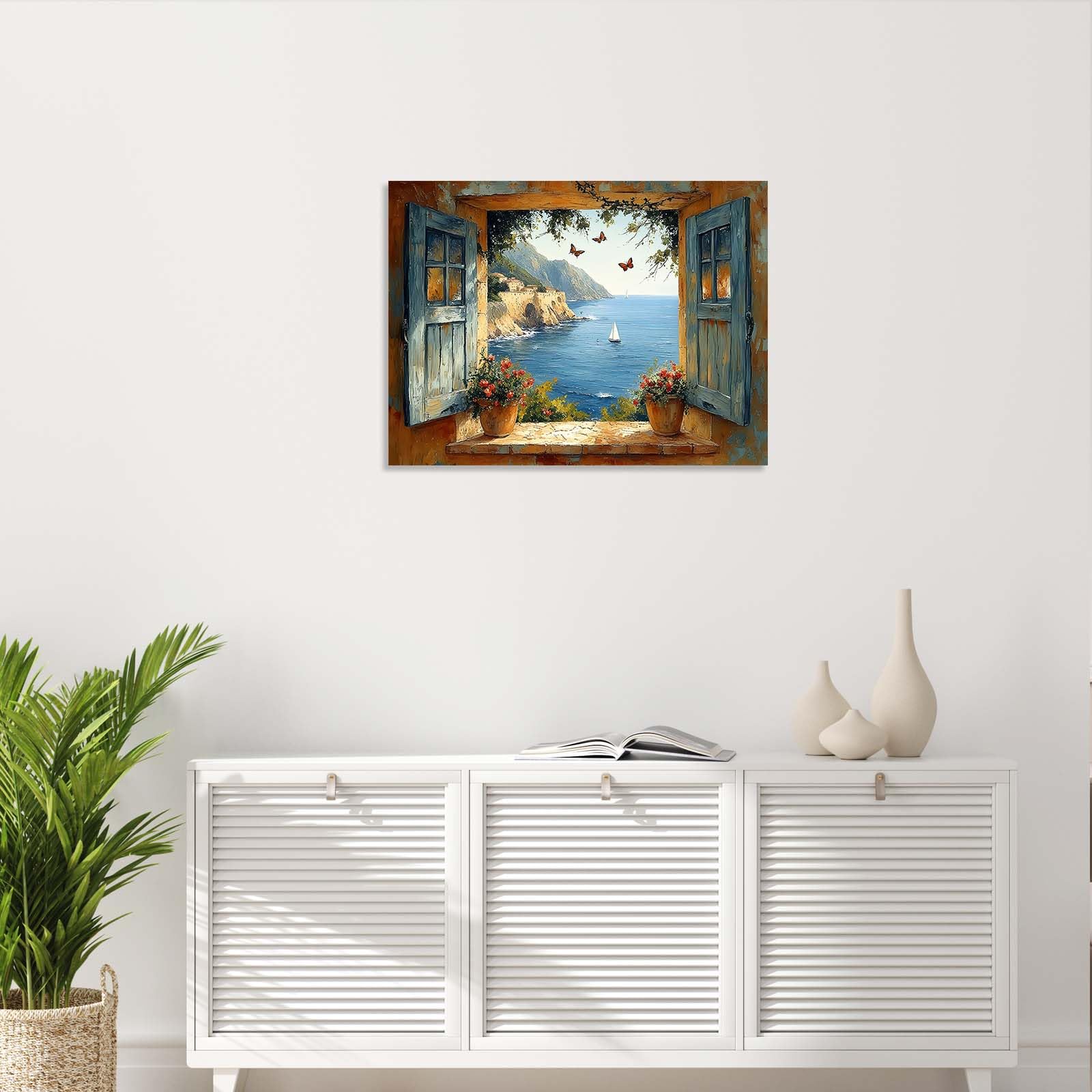 Framed Canvas Wall Art 12x16 Inch Mediterranean Coastal Window View Artwork Ocean Sailboat Wall Canvas Pictures for Living Room Bedroom Hallway Wall Decoration Prints with Hooks Magic Tape and Nails — view 7